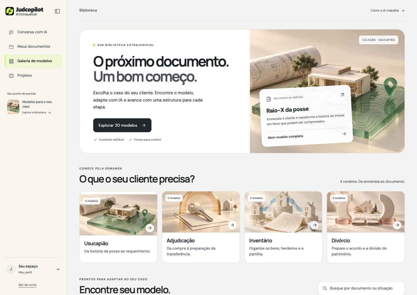 Tela real da galeria do JudCopilot, com modelos de usucapião, adjudicação, inventário e divórcio