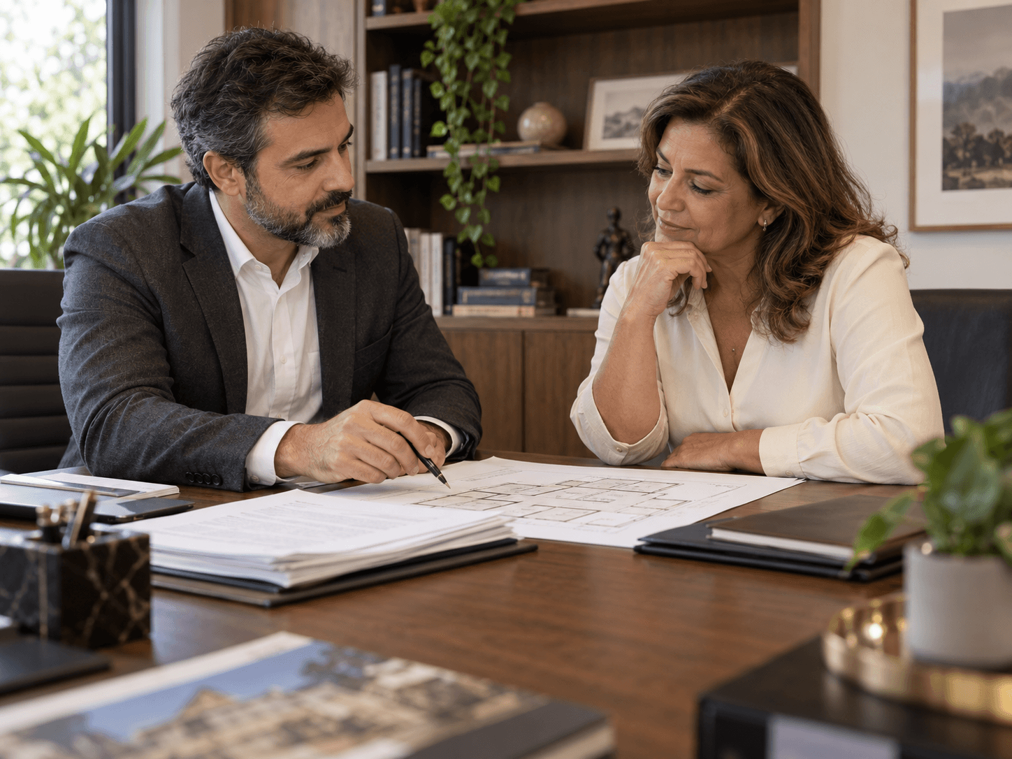 Cena ilustrativa de uma consultoria: duas pessoas analisam a planta e os documentos de um imóvel